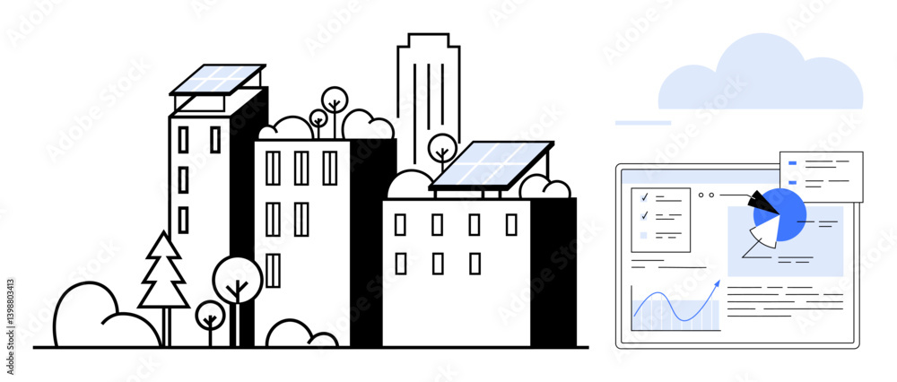 Fototapeta premium Urban buildings with rooftop solar panels surrounded by greenery. Data analytics dashboard highlighting progress and environmental insights. Ideal for sustainability, energy, urban planning
