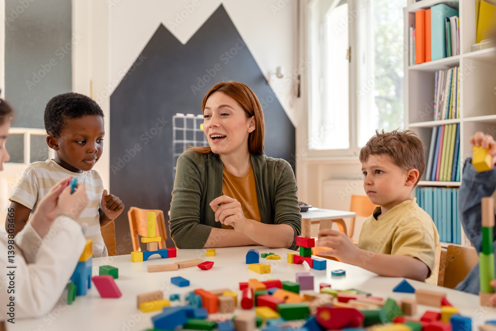 A teacher and diverse group of children build with colorful blocks in a classroom, promoting teamwork, creativity, and multicultural early learning. A teacher and diverse group of children build with colorful blocks in a classroom, promoting teamwork, creativity, and multicultural early learning.