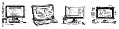 Various computer screens displaying web design and coding activities in a modern workspace during daytime