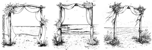 Elegant wooden frames adorned with flowers by the serene beach during a peaceful sunset