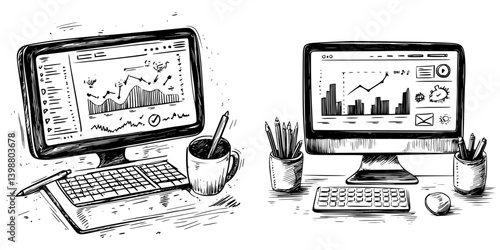 Charts and data analysis displayed on computer screens in a modern workspace during daylight hours