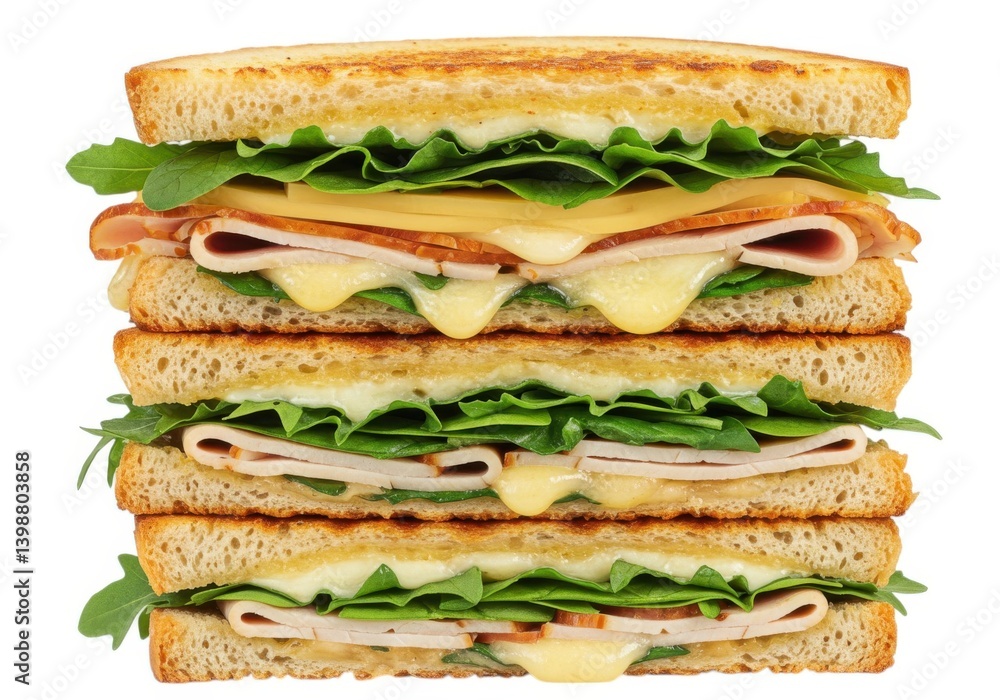 Delicious toasted sandwich with cheese and fresh arugula isolated on white background Delicious toasted sandwich with cheese and fresh arugula isolated on white background