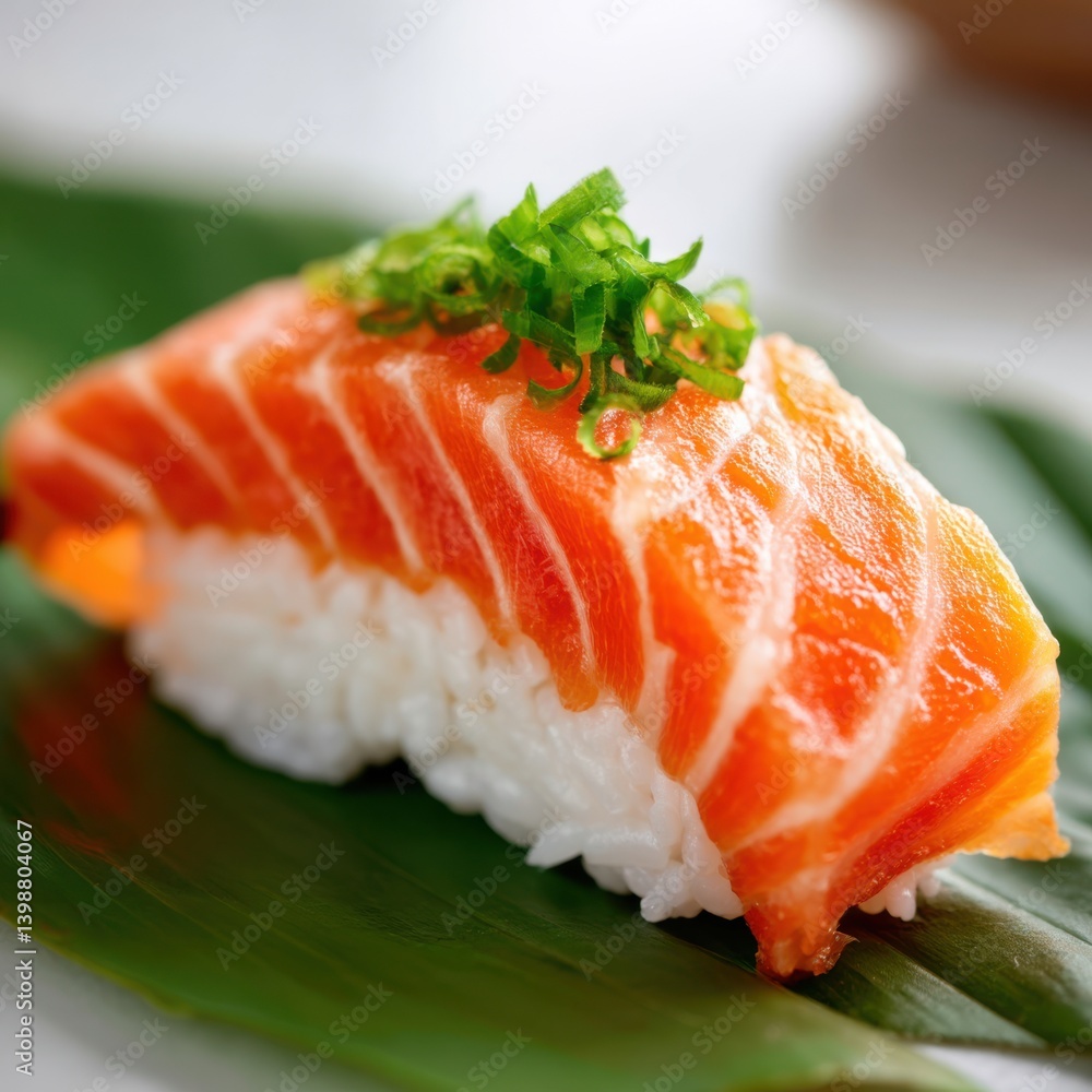 Close up of salmon nigiri with green garnish isolated on white background Close up of salmon nigiri with green garnish isolated on white background