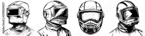 Unique collection of diverse safety helmets designed for various industrial and recreational activities in a monochrome style
