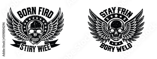 Grungy biker skull with flaming wings and 'Born Wild, Stay Free' in bold vintage typography, tattoo-style vector