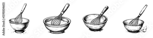 Whipping up a variety of mixtures with a whisk in different bowls depicting a culinary process at home
