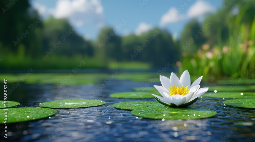 Serenity of a white lily on still waters tranquil pond nature scene bright day close-up view peaceful escape