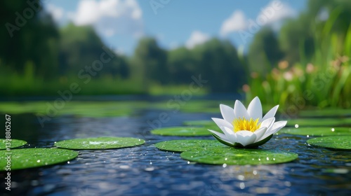 Obraz na płótnie Serenity of a white lily on still waters tranquil pond nature scene bright day close-up view peaceful escape w salonie