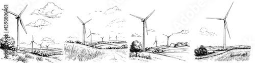 Wind turbines generate clean energy in a rural landscape during a sunny day with scattered clouds