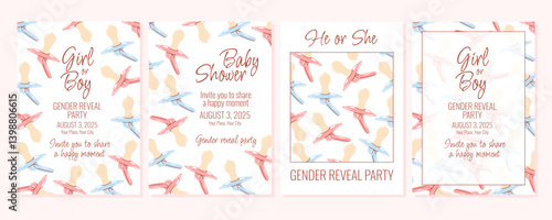Girl or boy invitation, gender reveal party. Blue and pink baby pacifier background and pattern. Hand drawn vector flat illustration, a4 vertical posters set for happy moment, greeting card, postcard