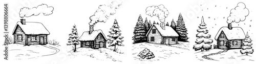 Charming winter cabin illustrations showcasing snowy landscapes and smoke-filled chimneys throughout different seasonal settings