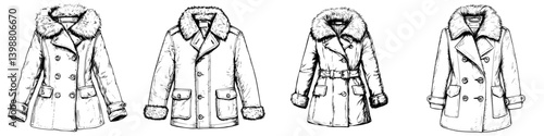 Various stylish outerwear designs featuring fur collars, perfect for winter fashion in urban surroundings