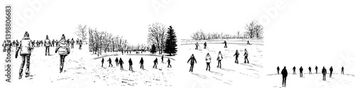 Winter scene of people walking in a snow-covered park enjoying the chilly atmosphere during daytime