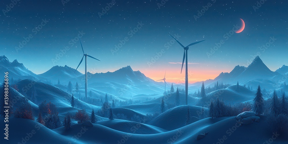 Silent wind farms in a majestic mountain landscape at dawn digital art serene environment panoramic view