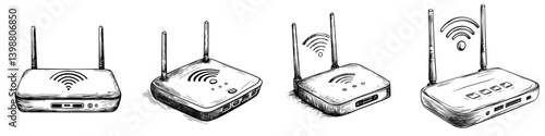 Different styles of wireless routers illustrated in a sketchy design showing connectivity and technology concepts