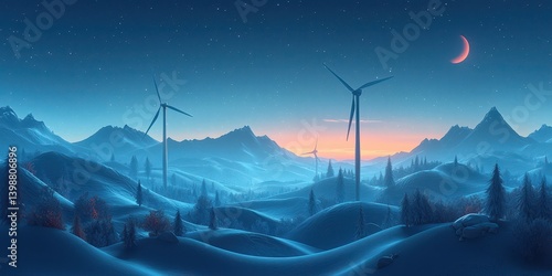 Obraz na płótnie Silent wind farms in a majestic mountain landscape at dawn digital art serene environment panoramic view w salonie