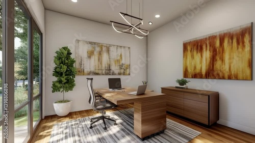 Wallpaper Mural Modern office interior featuring a wooden desk, stylish chairs, and vibrant artwork, with greenery outside Torontodigital.ca