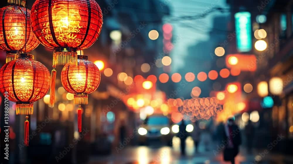 Chinese New Year Lanterns illuminate a vibrant city street at night Chinese New Year Lanterns illuminate a vibrant city street at night