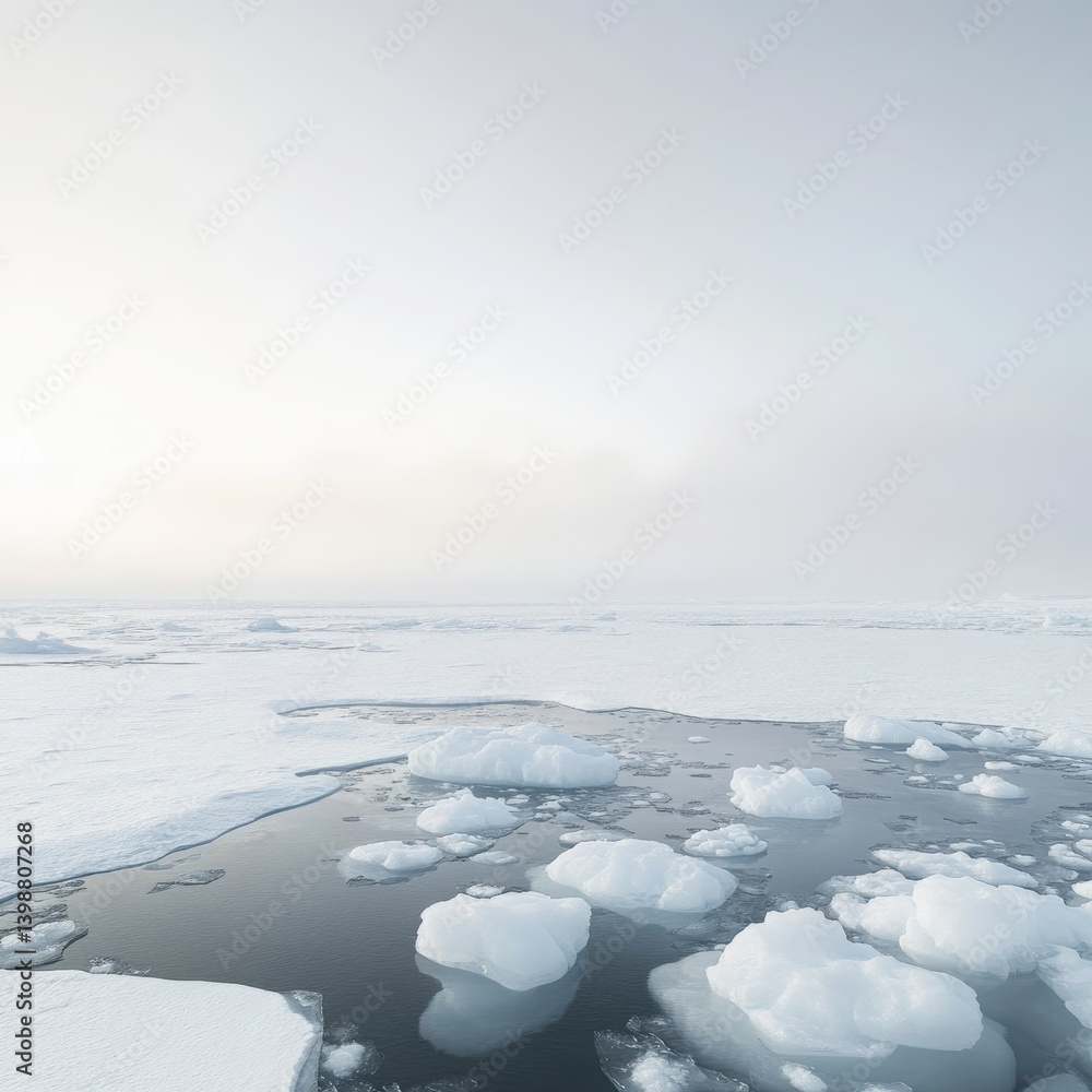 a vast misty Arctic landscape dotted with drifting ice floes isolated on a plain background endless snowy terrain with scattered reflective ice pieces a vast misty Arctic landscape dotted with drifting ice floes isolated on a plain background endless snowy terrain with scattered reflective ice pieces