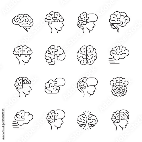 Clean line icons of brain profiles and abstract representations, perfect for educational and healthcare uses