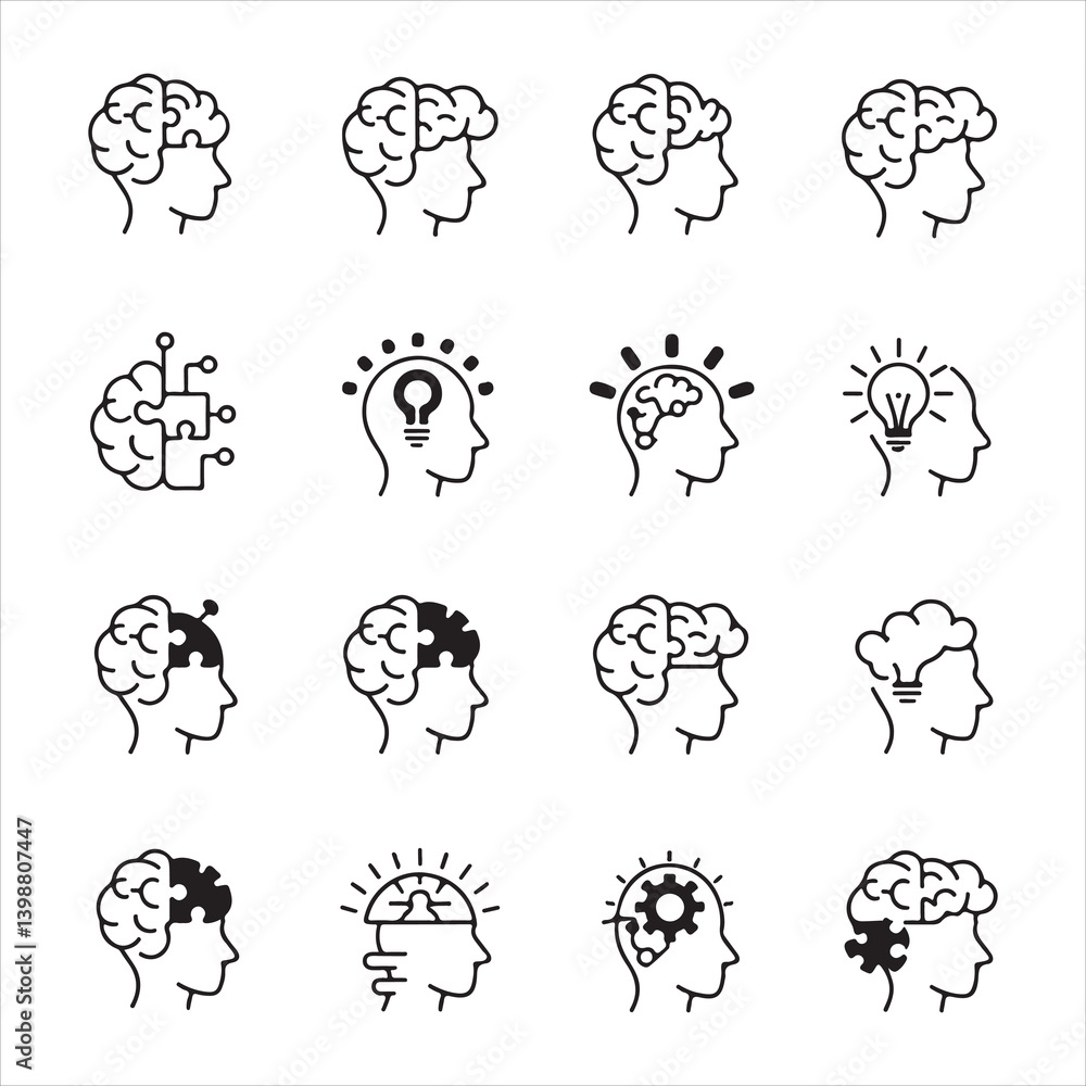 Set of modern, clean brain icons in black and white, illustrating different psychological states and thought processes Set of modern, clean brain icons in black and white, illustrating different psychological states and thought processes