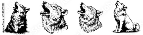 Different stages of wolves howling captured in a stunning artistic illustration showcasing their wild instinct and natural behavior
