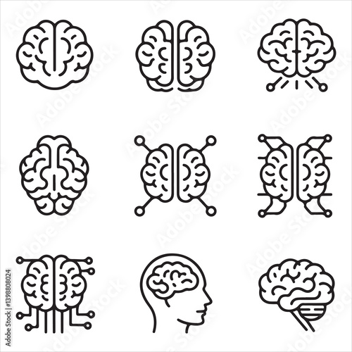 Collection of minimalistic brain icons showcasing cognitive functions, emotions, and mental well-being