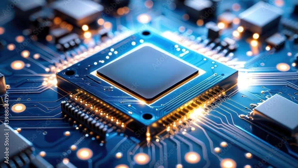 Close-Up View Of Microchip On Circuit Board Showcasing Intricate Details And Glowing Connections, Representing Advanced Technology And Electronic Engineering Concepts. Close-Up View Of Microchip On Circuit Board Showcasing Intricate Details And Glowing Connections, Representing Advanced Technology And Electronic Engineering Concepts.