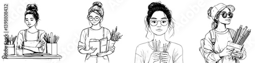 Illustration of four women engaged in various flower arranging activities in a creative workspace