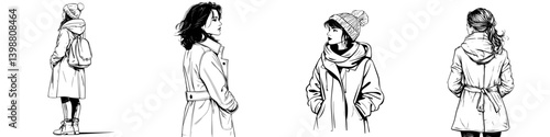 Stylish young women in winter clothing walking on a city street during a chilly day, showcasing various fashionable looks