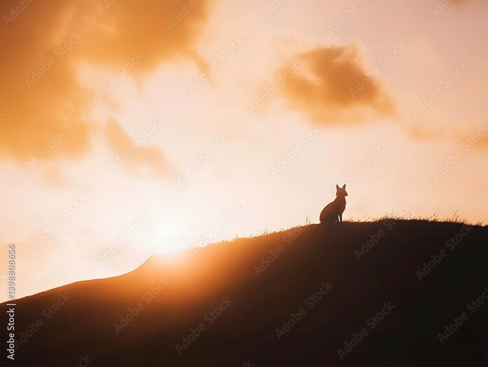 Serene Sunset Silhouette of a Coyote: Tranquil Evening Sky in Wild Landscape Horizon Serene Sunset Silhouette of a Coyote: Tranquil Evening Sky in Wild Landscape Horizon