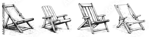 Different styles of wooden beach chairs designed for relaxation and comfort in summer outdoor settings
