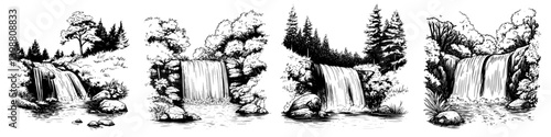 Multiple intricate black and white waterfall illustrations in a serene natural setting with trees and rocks