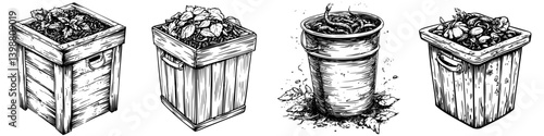 Wooden planter boxes filled with various plants displayed in a simple arrangement in a garden setting