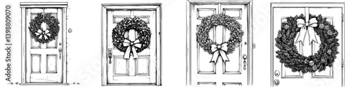 Decorative holiday wreaths on various front doors highlighting seasonal cheer and welcoming ambience