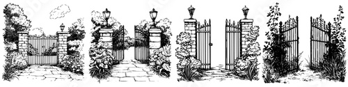 Various garden gates designs with intricate details and a serene atmosphere in a natural setting