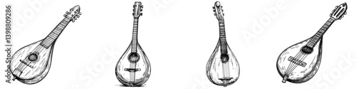 Various styles of mandolins displayed in a line showcasing craftsmanship and design details
