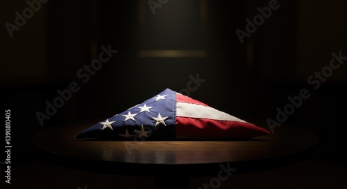 American flag displayed in a respectful arrangement on a table  