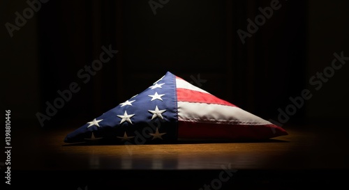 American flag draped in triangular shape on dark background  