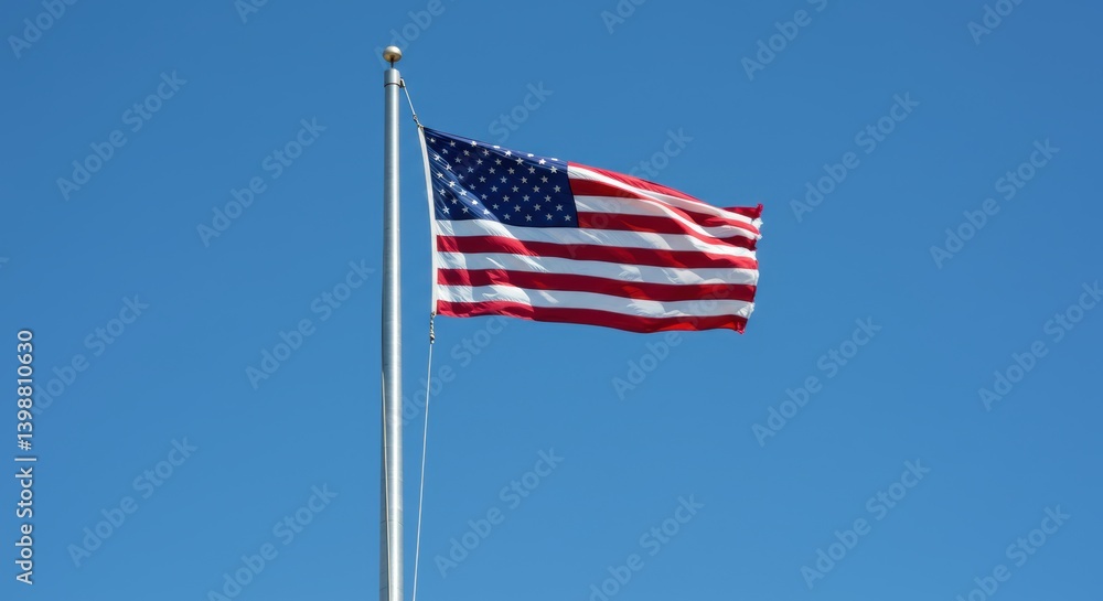 Fototapeta premium American Flag Waving in Clear Blue Sky