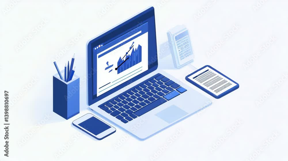 Modern workspace featuring a laptop displaying growth charts, with stationery and a smartphone nearby Modern workspace featuring a laptop displaying growth charts, with stationery and a smartphone nearby