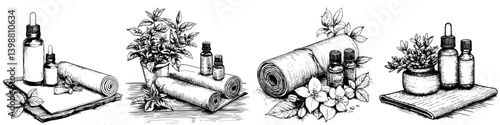 Wellness retreat with essential oils, plants, and yoga mats in a serene setting