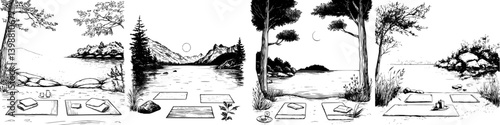 Scenic landscapes illustrating serene nature retreats near tranquil lakes with mountains and trees during various times of day