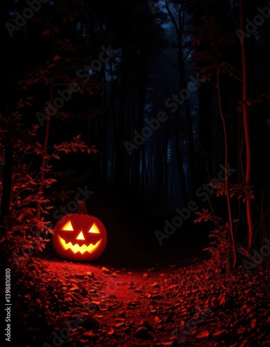 Glowing jack-o'-lantern illuminates dark forest trail, spooky autumn scene, pathway, scene