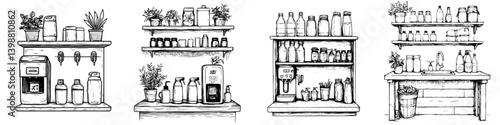 Shelves filled with various jars and bottles in a rustic kitchen space during a sunny afternoon