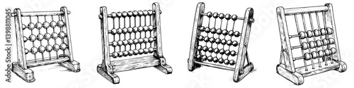 Historical representations of abacuses showcasing different designs and styles used for counting and calculating