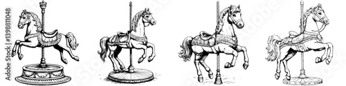 Historic carousel horses in detailed line art style showing various poses for a nostalgic amusement park appeal