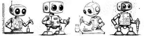 Cute robots engaging in science experiments in a creative laboratory setting