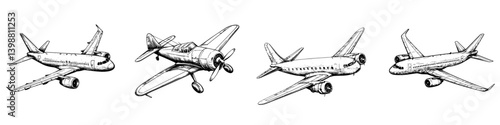 Different models of airplanes showcased in a sketch, representing aviation evolution from vintage to modern designs
