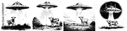 Different depictions of flying saucers abducting cows in various landscapes during nighttime